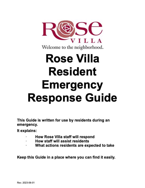 PDF document titled Rose Villa Resident Emergence Response Guide