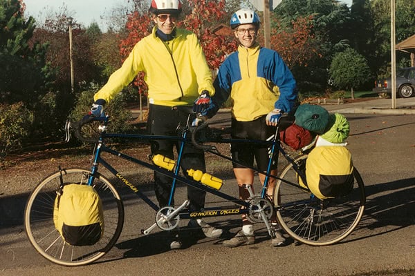 Ed Gellenbeck and Jean Lofy on Tandem Bicycle